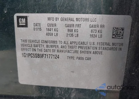 2015 Chevrolet Cruze 1Lt Auto z USA, uszkodzony, nr VIN 1G1PC5SB9F7177124